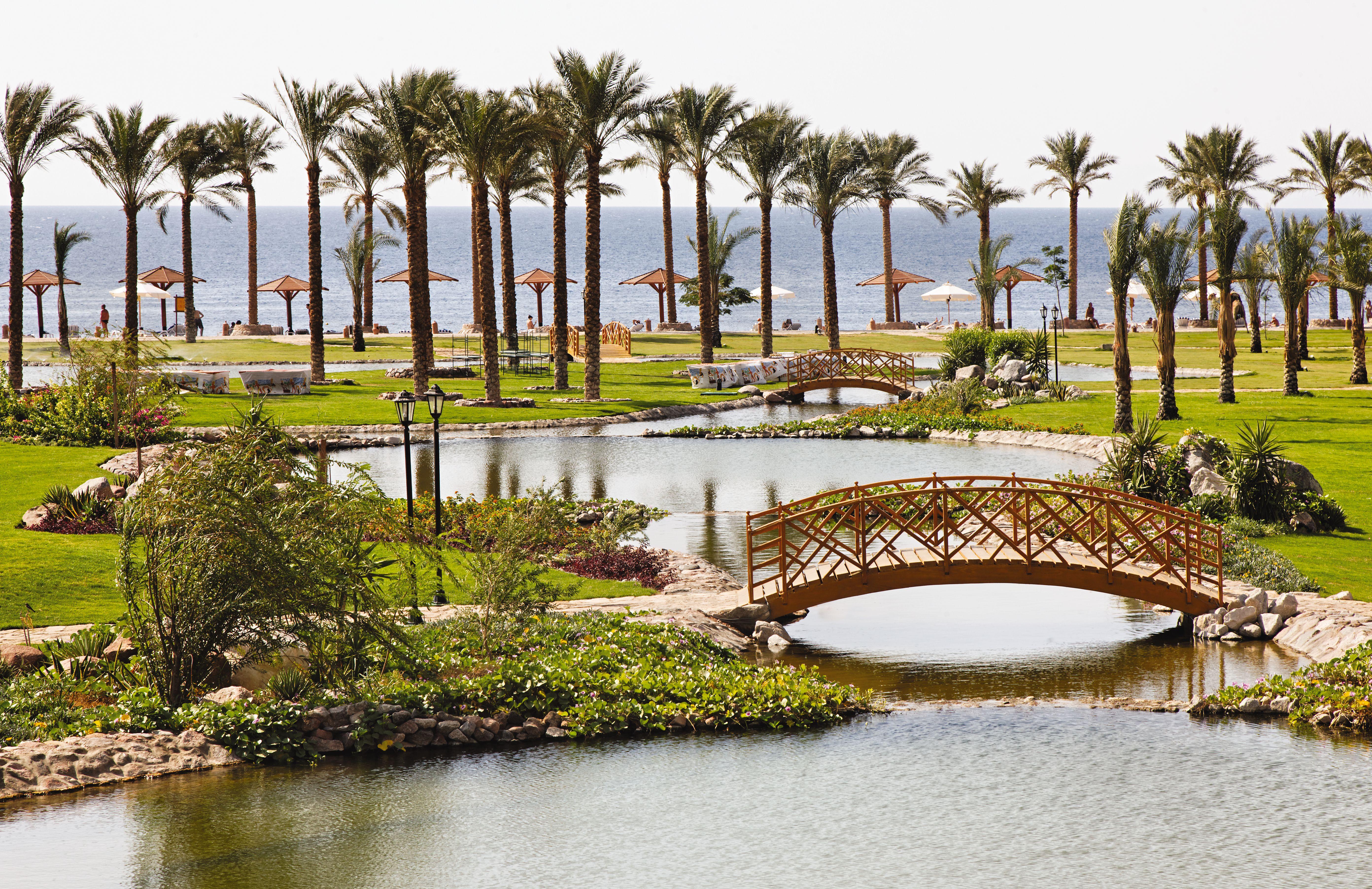 Movenpick Taba Resort & Spa Eksteriør billede The photo depicts a serene landscape featuring a body of water, surrounded by lush greenery and palm trees. In the foreground, there is a wooden bridge arching over the water, adding a picturesque element to the scene. Behind the bridge, there are pa